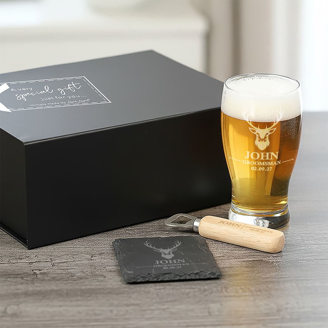 Stag Groomsman Pint Glass, Coaster and Bottle Opener Gift Boxed Set