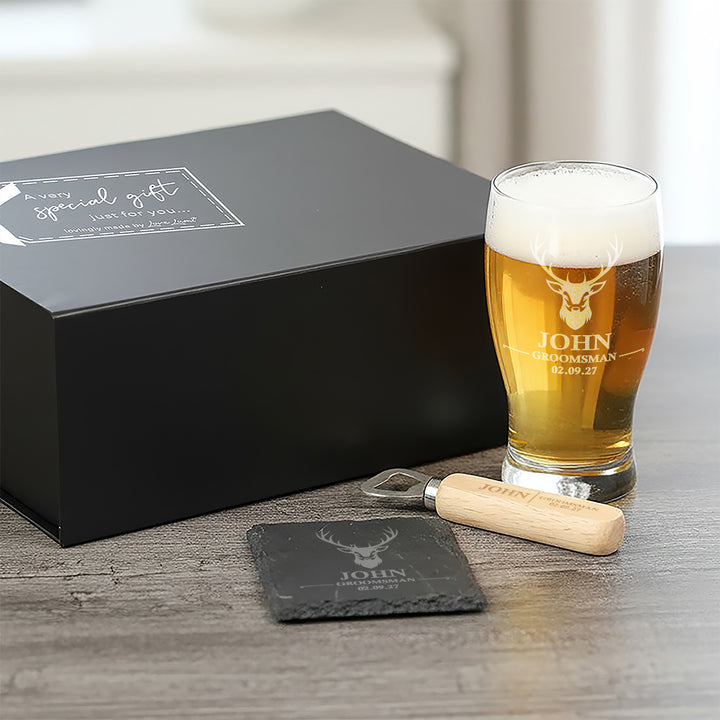 Stag Groomsman Pint Glass, Coaster and Bottle Opener Gift Boxed Set