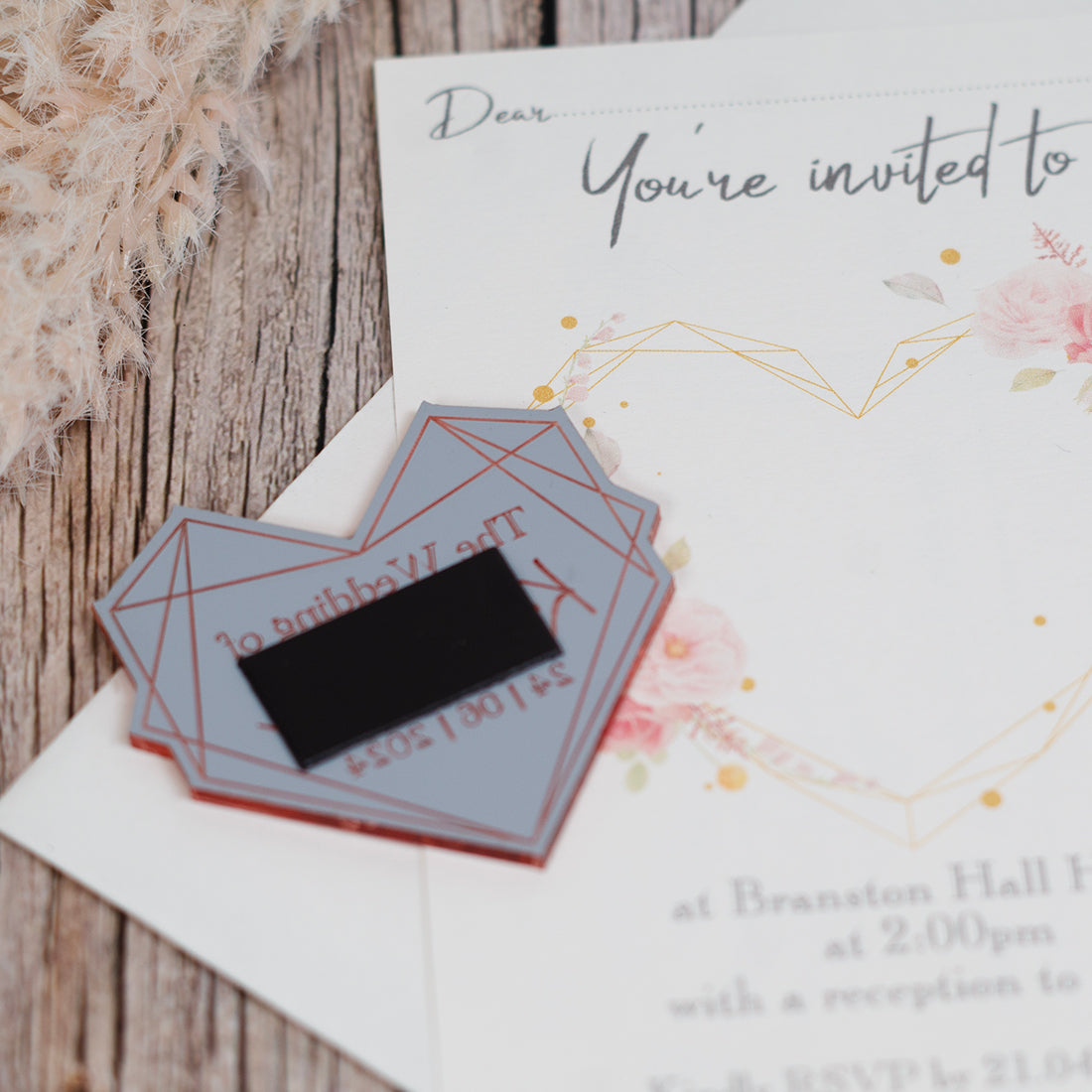 Geometric Heart Pink Floral Wedding Invitation Magnet