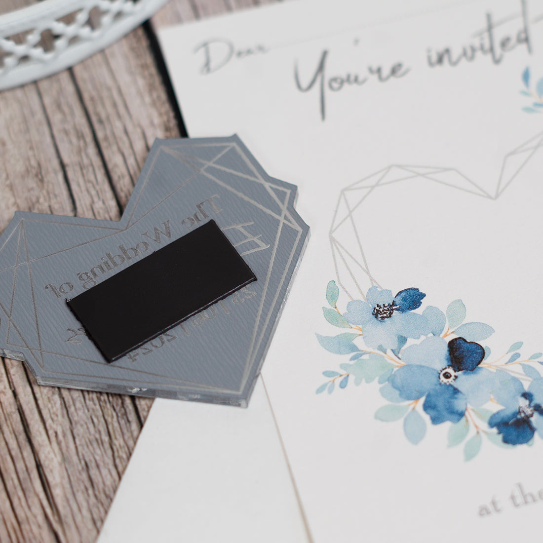Geometric Heart Blue Floral Wedding Invitation Magnet