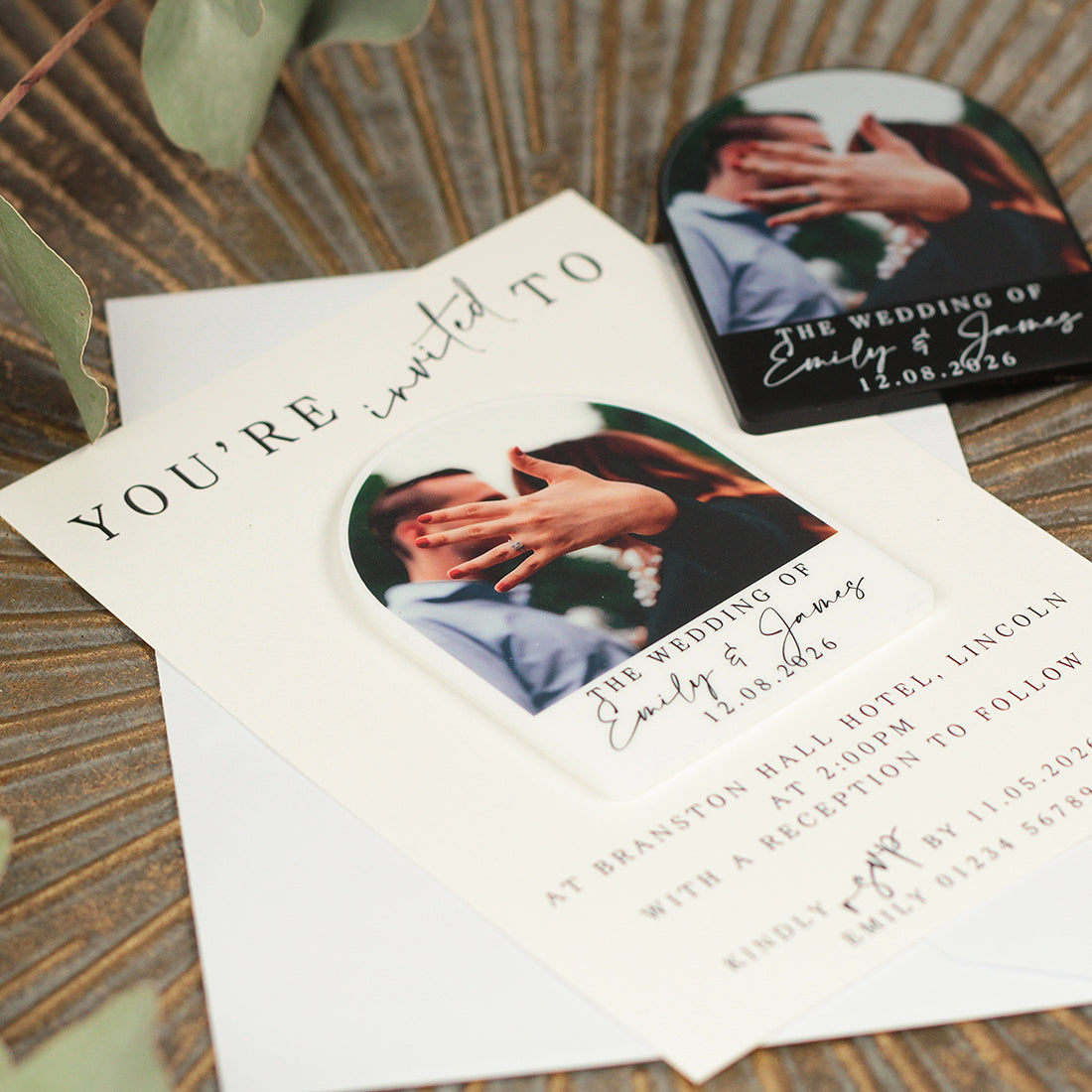 Modern Acrylic Photo Wedding Invitation Magnets & Cards