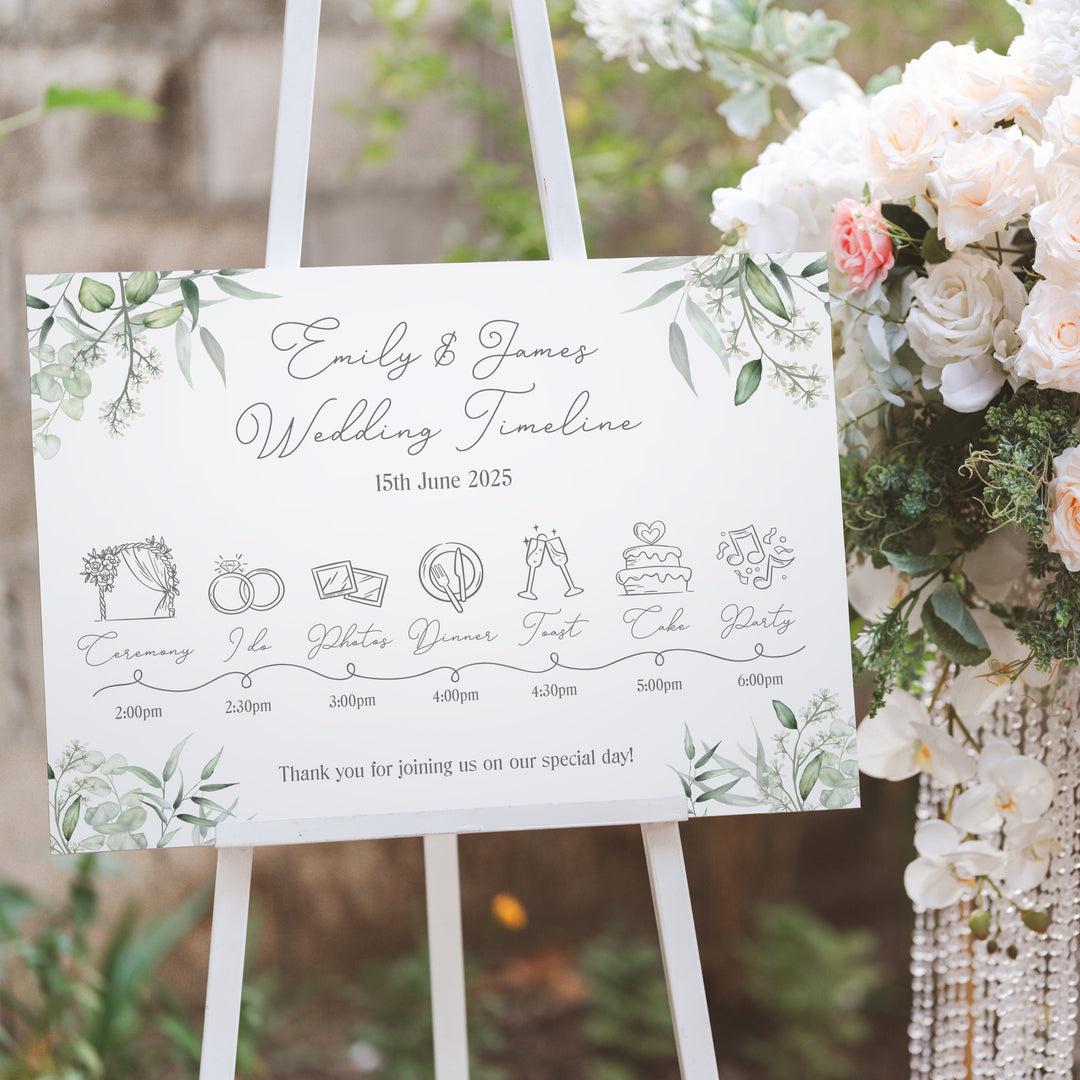 Watercolour Eucalyptus Order of the Day Timeline Acrylic Sign Board-Weddings by Lumi
