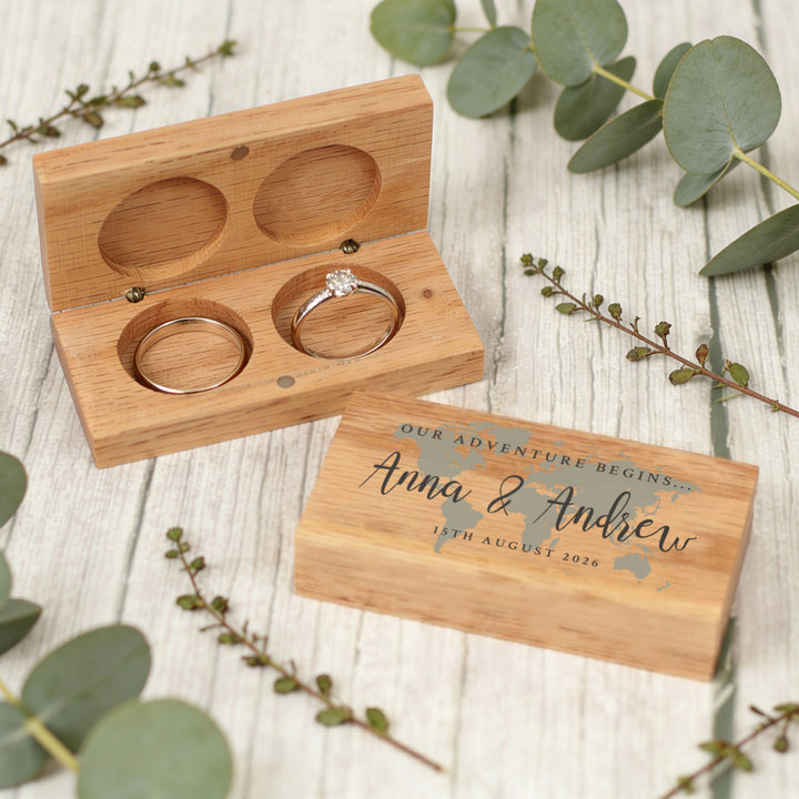 World Map Destination Wedding Oak Double Ring Box