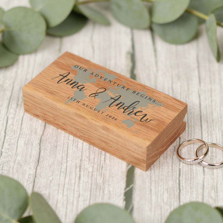 World Map Destination Wedding Oak Double Ring Box