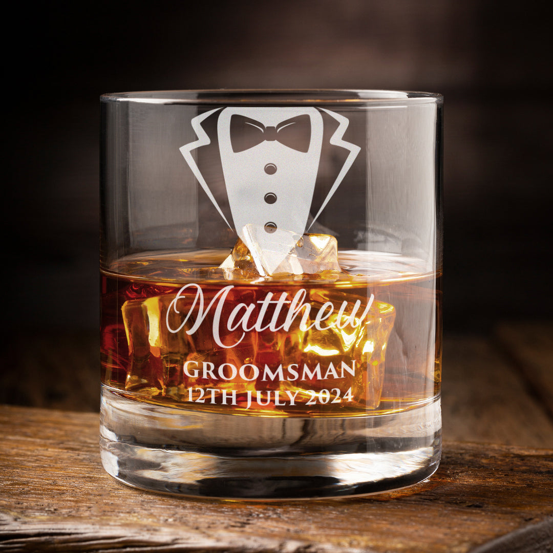 Tuxedo Groomsman Engraved Whiskey Glass