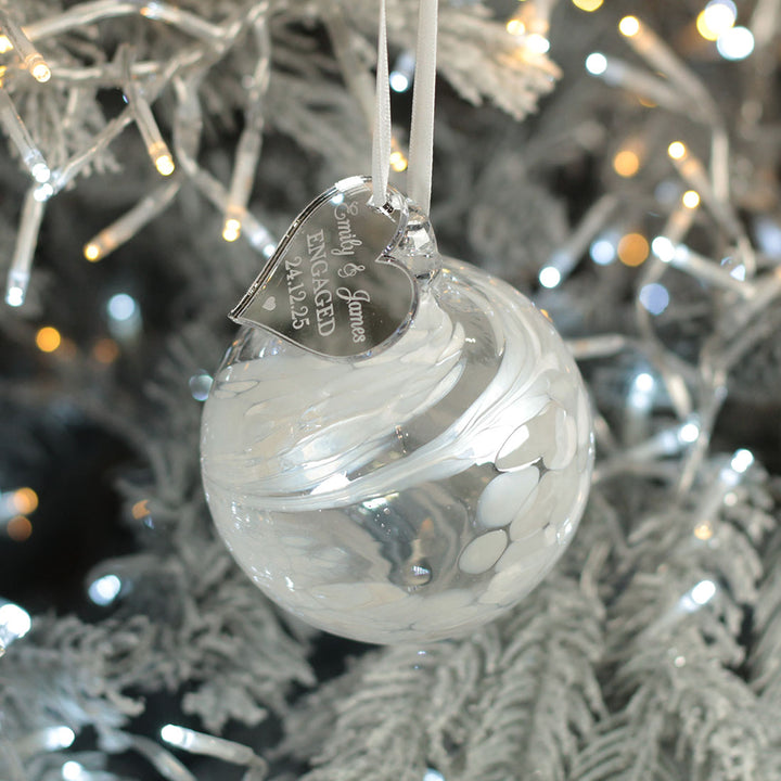 Personalised Engagement White Glass Christmas Tree Bauble