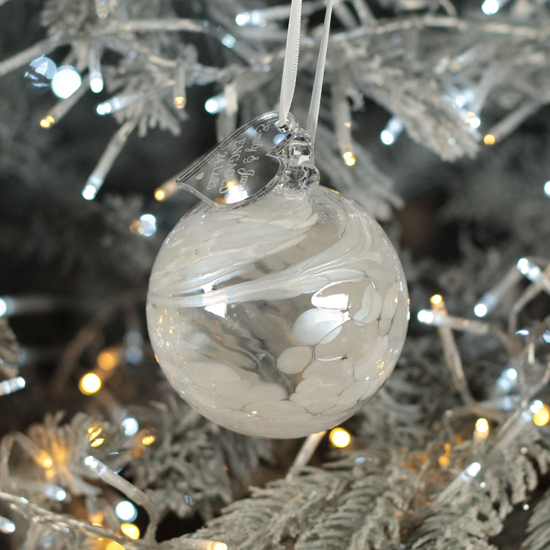 Personalised Engagement White Glass Christmas Tree Bauble