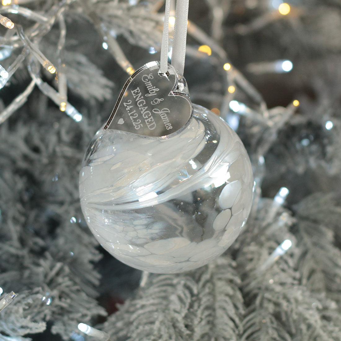 Personalised Engagement White Glass Christmas Tree Bauble
