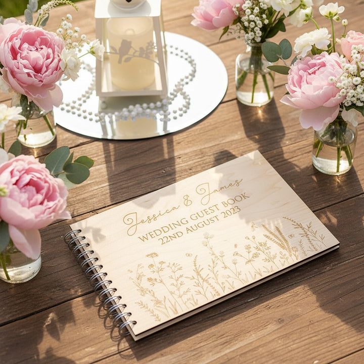 Wildflower Meadow Wooden Engraved Rustic Wedding Guest Book