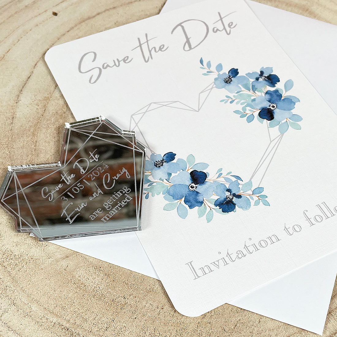 Silver and Blue Heart Mirror Heart Frame Save The Date Magnet-Weddings by Lumi