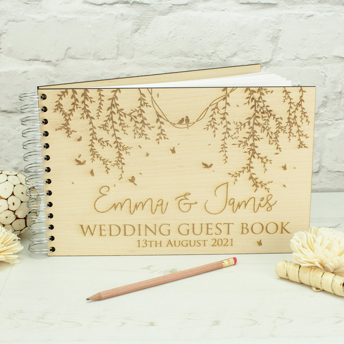 Wooden Engraved Birds Rustic Wedding Guest Book-Weddings by Lumi
