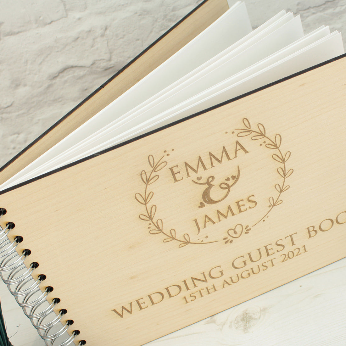 Wooden Engraved Floral Wreath Rustic Wedding Guest Book-Weddings by Lumi