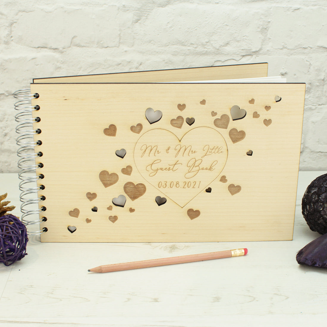 Wooden Engraved Hearts Rustic Wedding Guest Book-Weddings by Lumi
