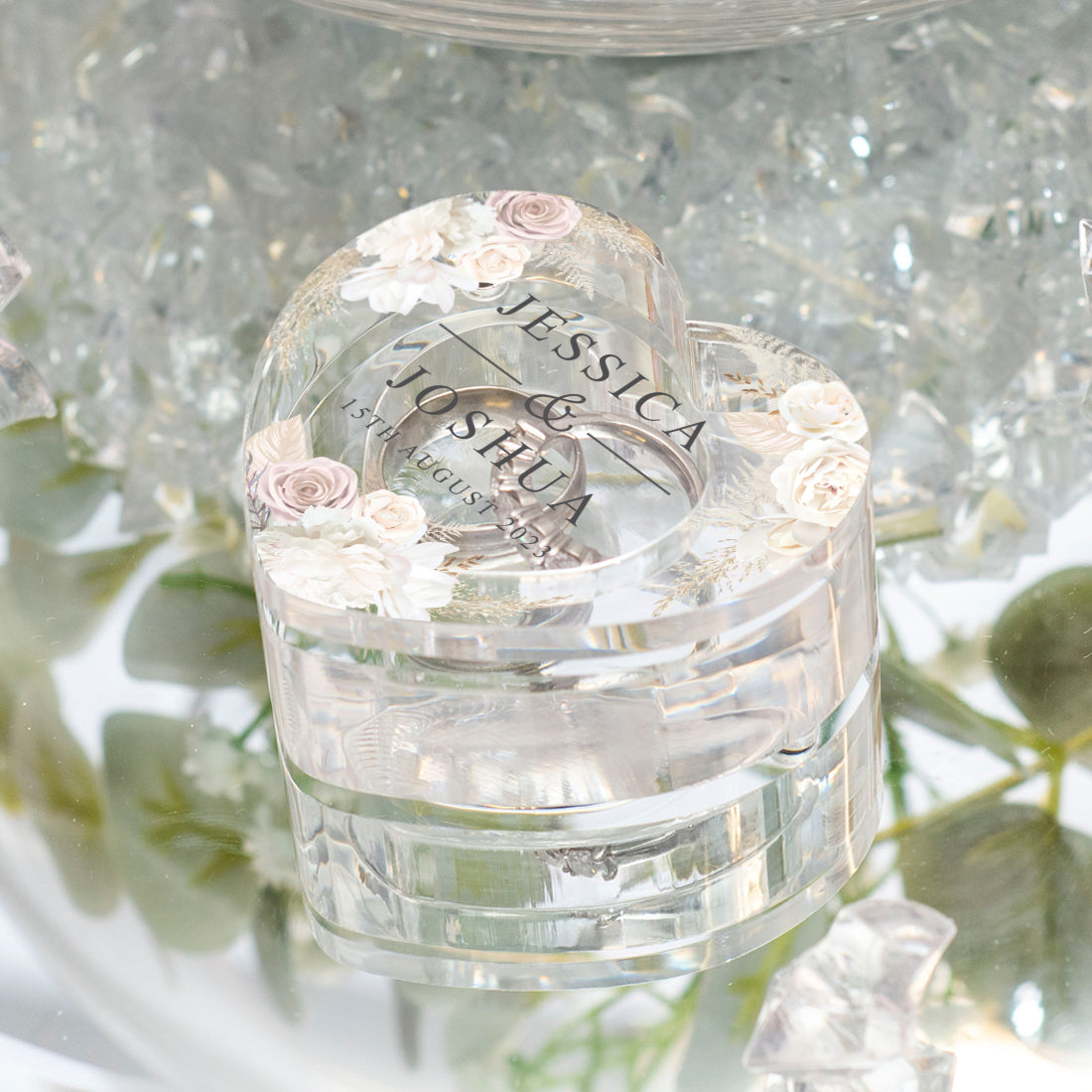 Blush Flowers Acrylic Heart Wedding Ring Box-Weddings by Lumi