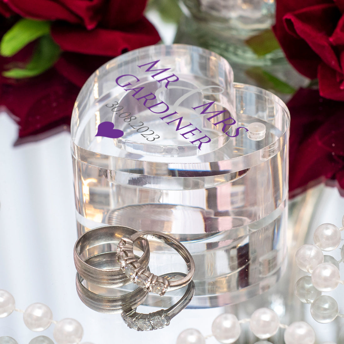 Mr & Mrs Acrylic Heart Wedding Ring Box-Weddings by Lumi