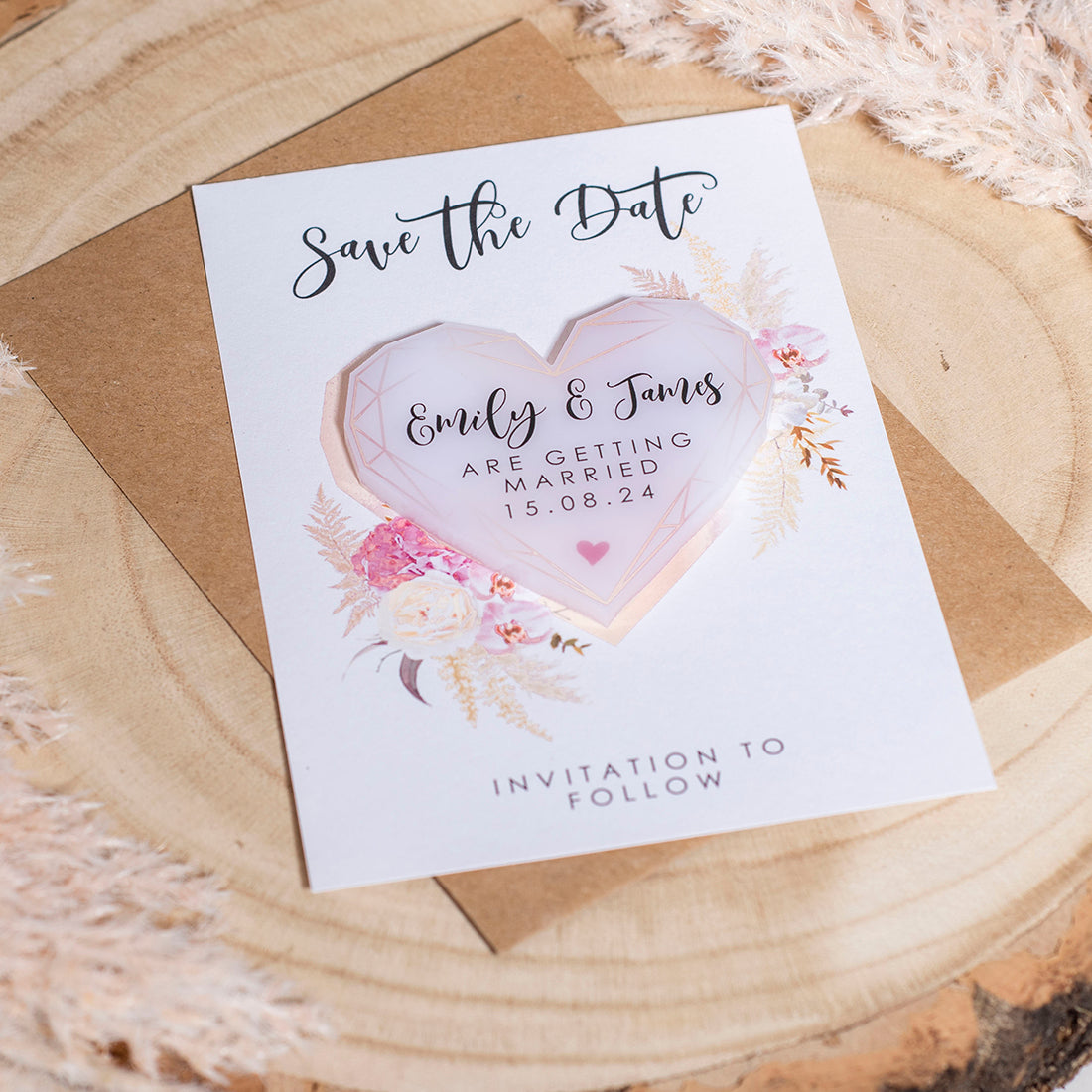 Geometric Heart Watercolour Flowers Wedding Save The Date Magnet-Weddings by Lumi