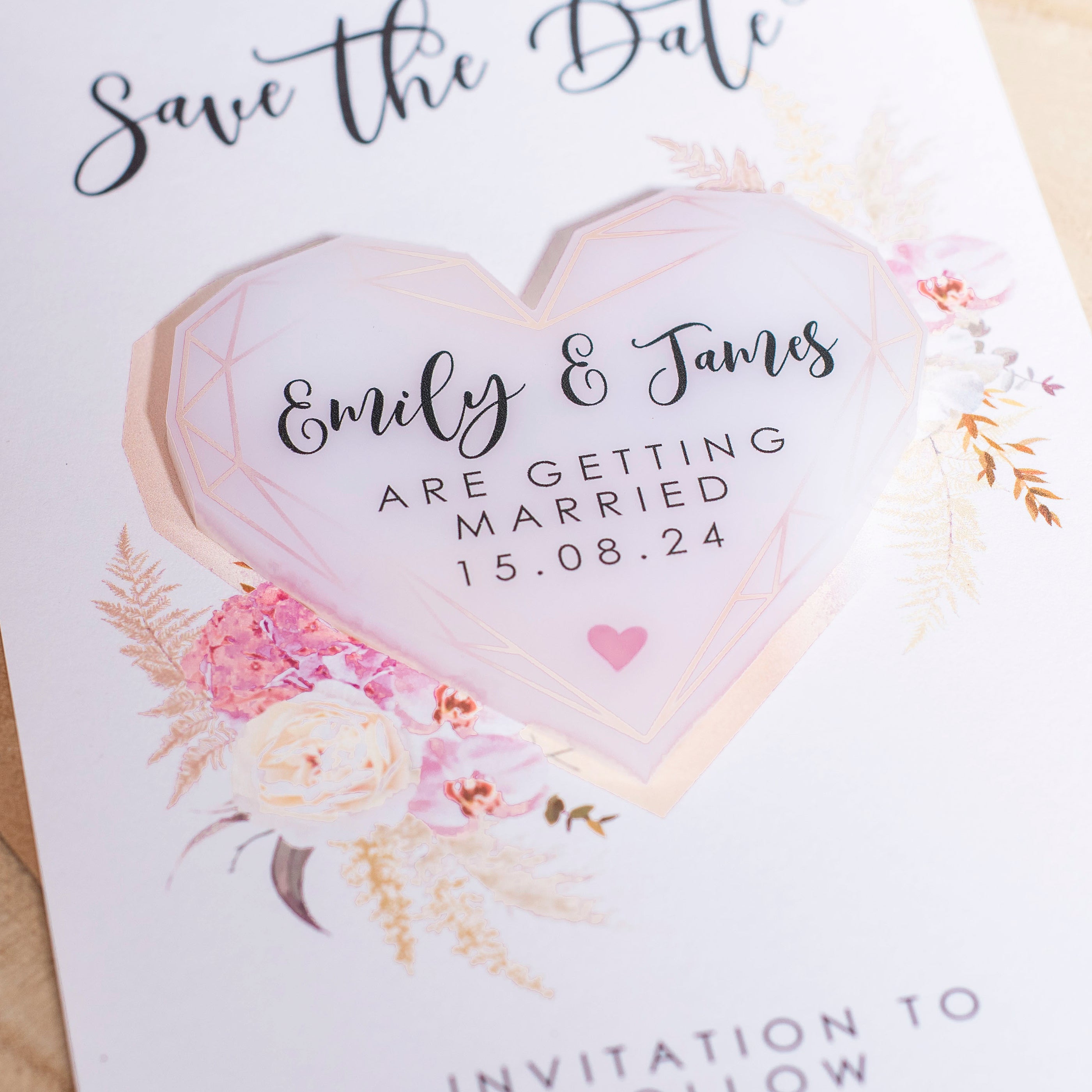 Geometric Heart Watercolour Blush Flowers Wedding Save The Date Magnet-Weddings by Lumi