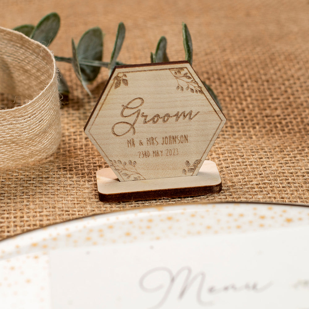 Wooden Botanical Hexagon Freestanding Wedding Place Settings-Weddings by Lumi