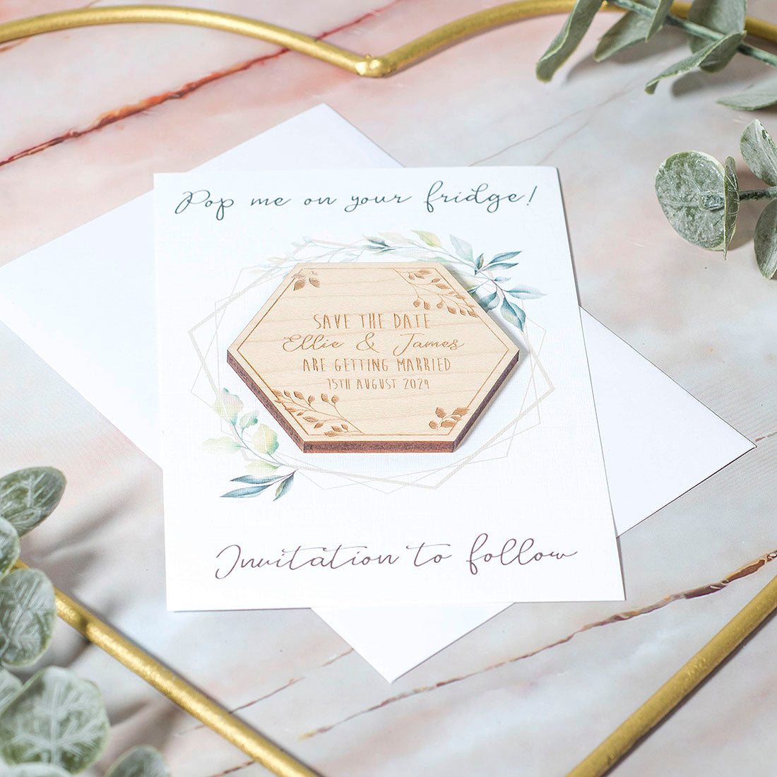 Botanical Hexagon Engraved Wooden Wedding Save The Date Magnet-Weddings by Lumi