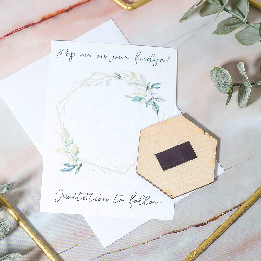 Botanical Hexagon Engraved Wooden Wedding Save The Date Magnet-Weddings by Lumi