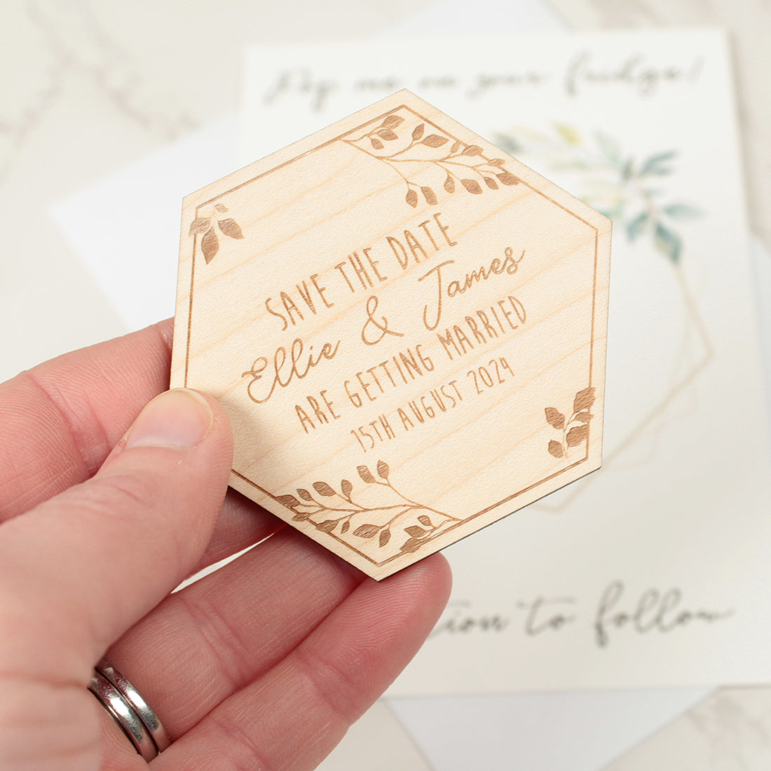 Botanical Hexagon Engraved Wooden Wedding Save The Date Magnet-Weddings by Lumi