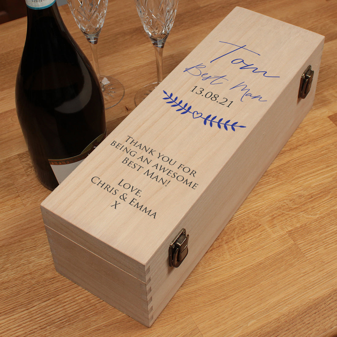 Bridal Party Thank You Hinged Wooden Champagne Prosecco Bottle Gift Box-Weddings by Lumi