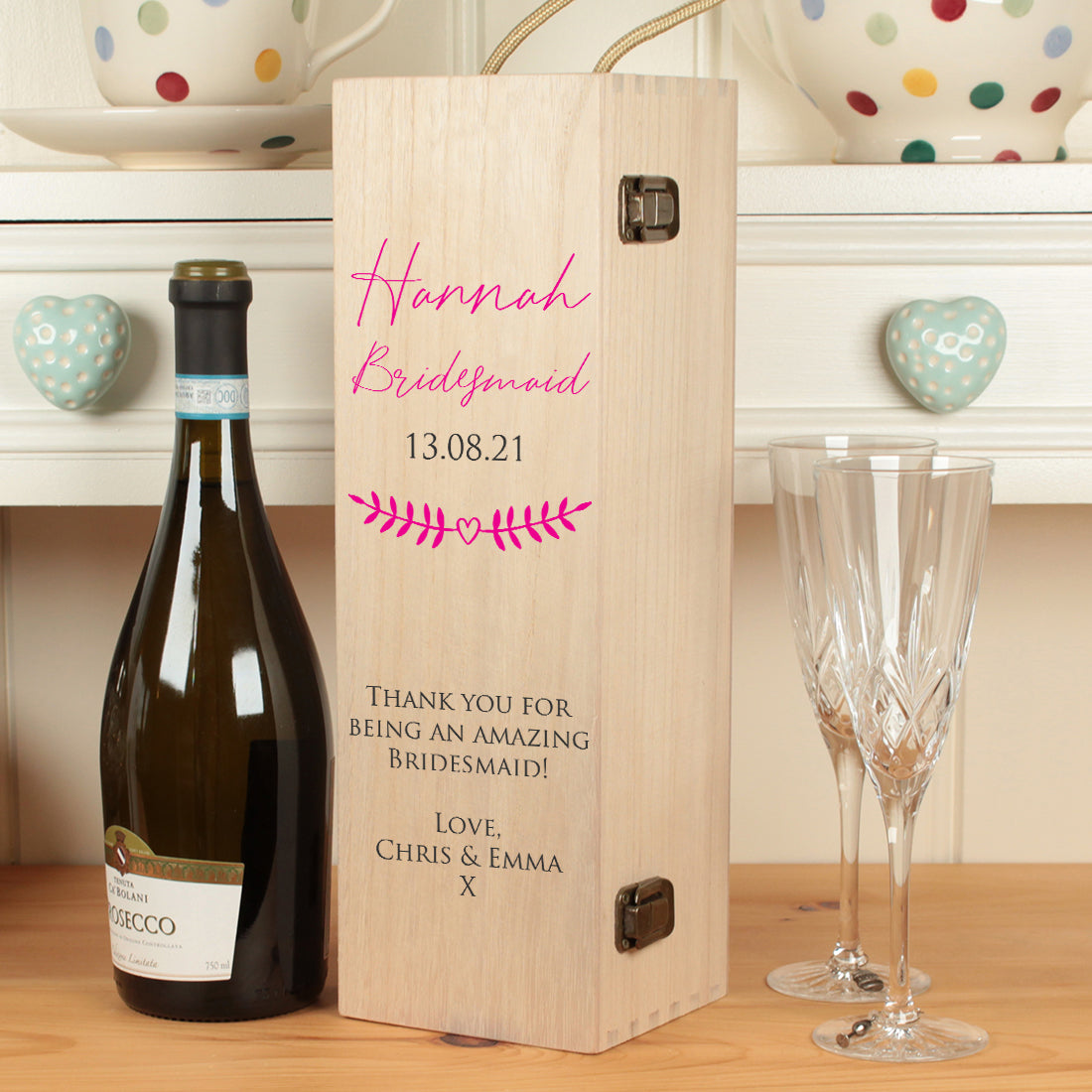 Bridal Party Thank You Hinged Wooden Champagne Prosecco Bottle Gift Box-Weddings by Lumi