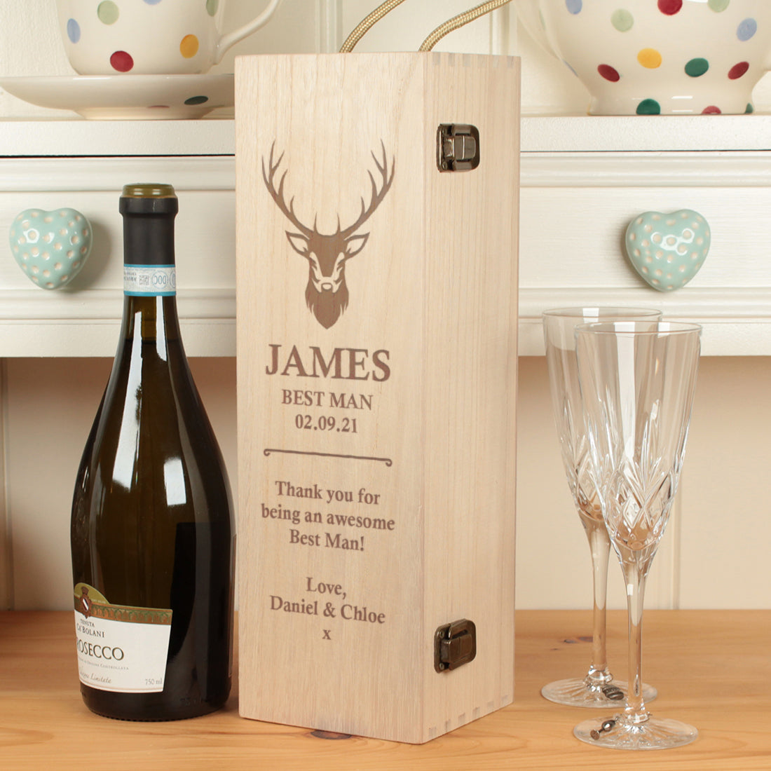 Stag Bridal Party Thank You Engraved Hinged Wooden Bottle Gift Box-Weddings by Lumi