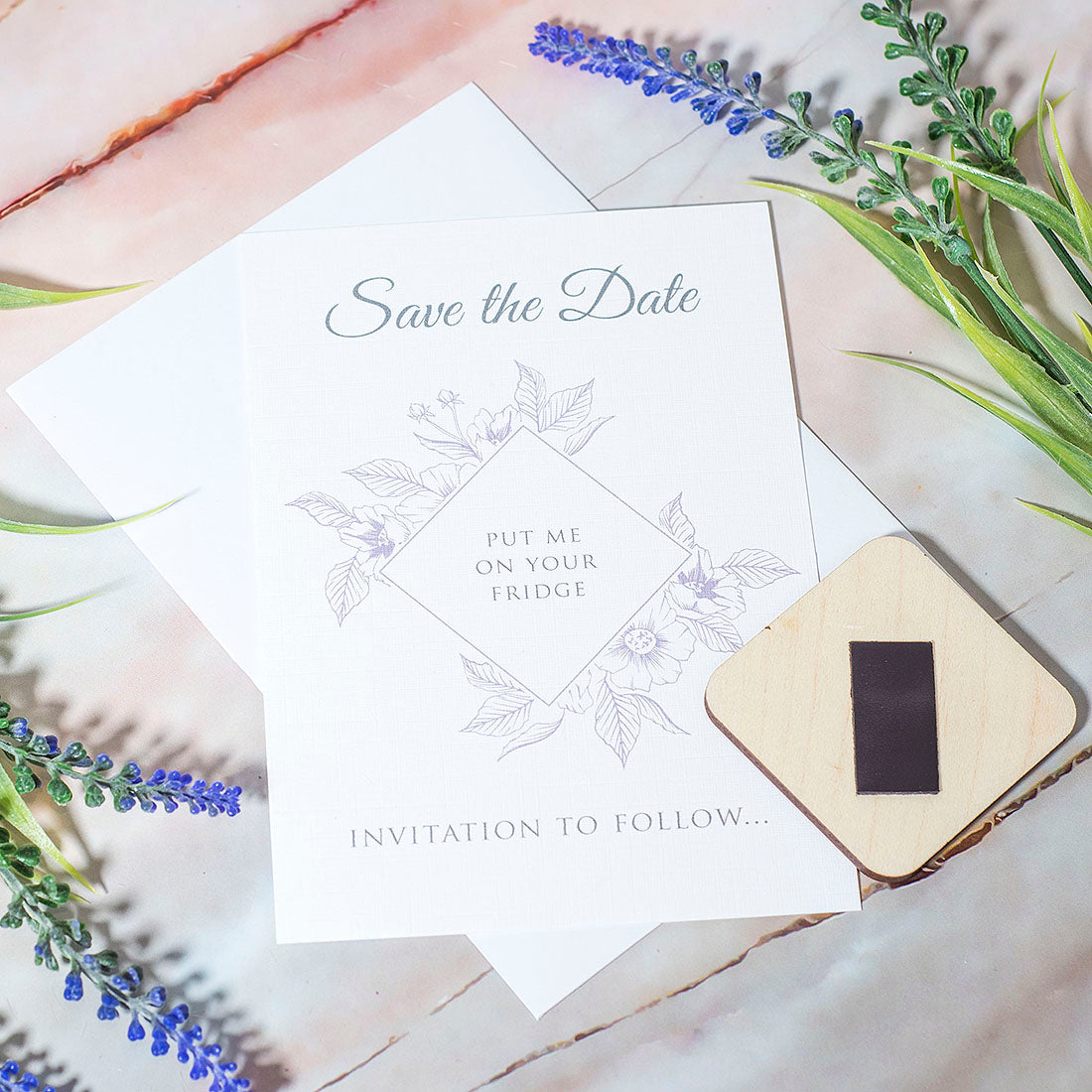 Floral Diamond Engraved Wooden Wedding Save The Date Magnet-Weddings by Lumi