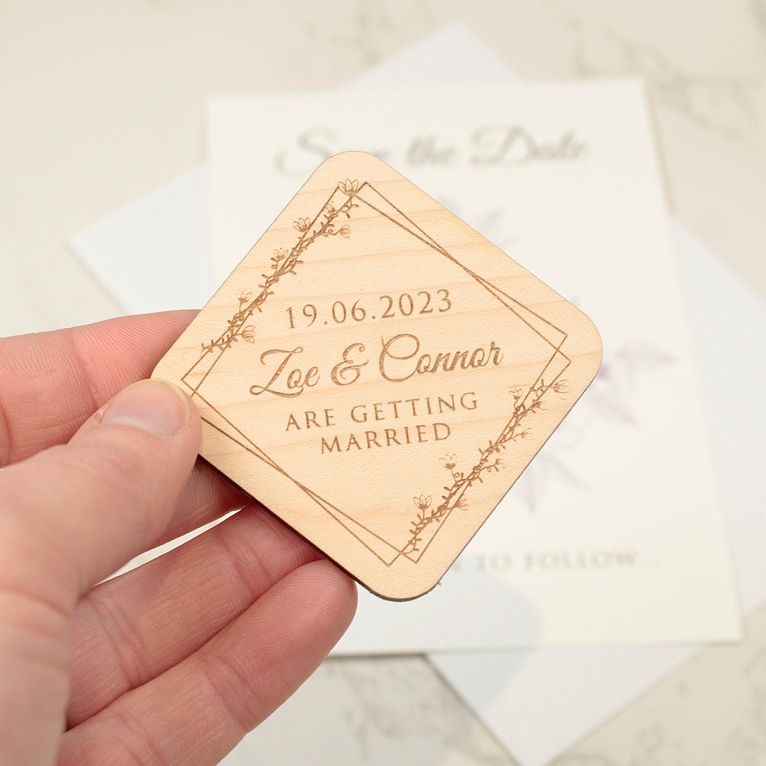 Floral Diamond Engraved Wooden Wedding Save The Date Magnet-Weddings by Lumi