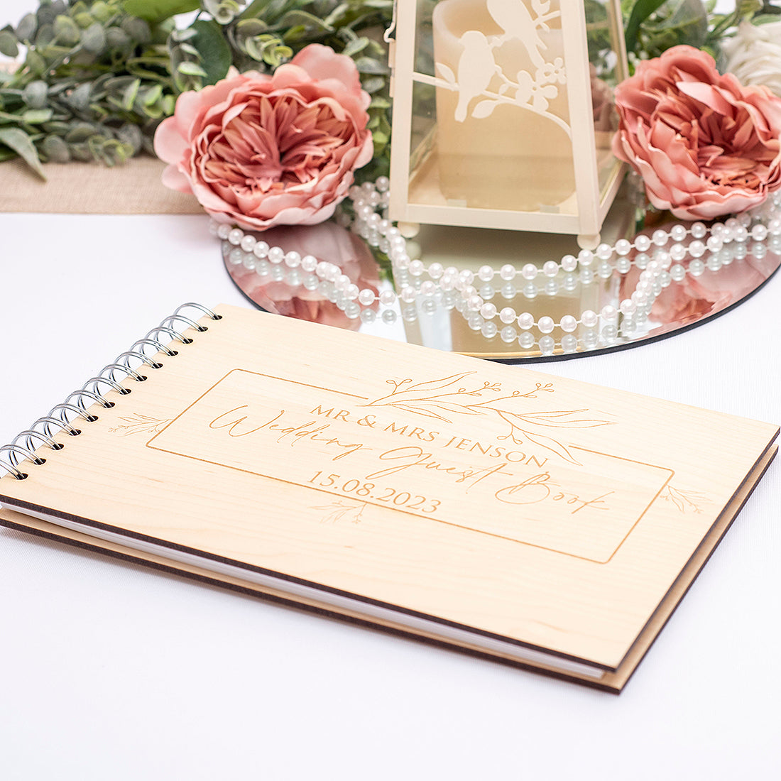 Floral Frame Wooden Engraved Rustic Wedding Guest Book-Weddings by Lumi