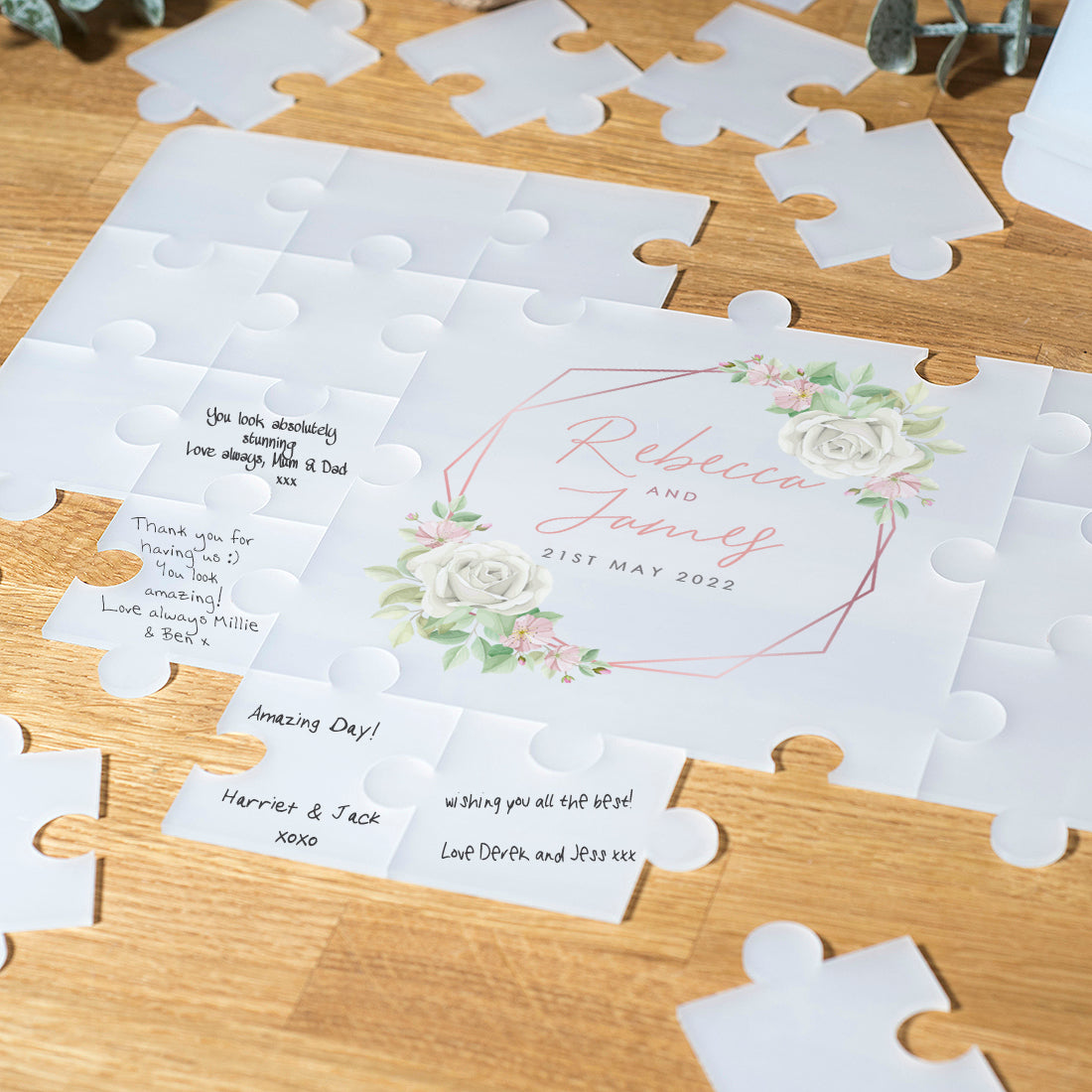 Frosted Acrylic Rose Gold Floral Frame Wedding Signing Puzzle Jigsaw-Weddings by Lumi