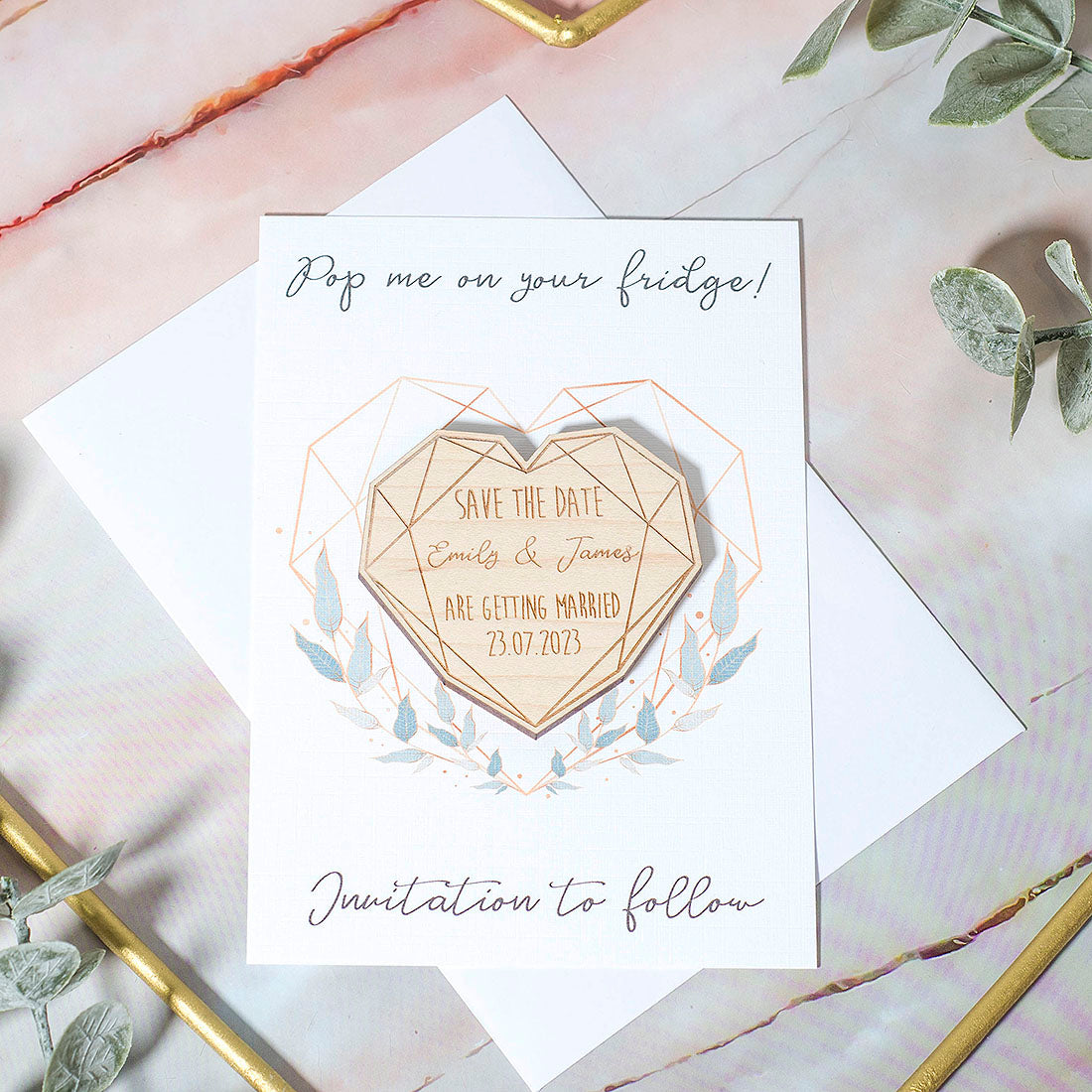 Geometric Heart Engraved Wooden Wedding Save The Date Magnet-Weddings by Lumi