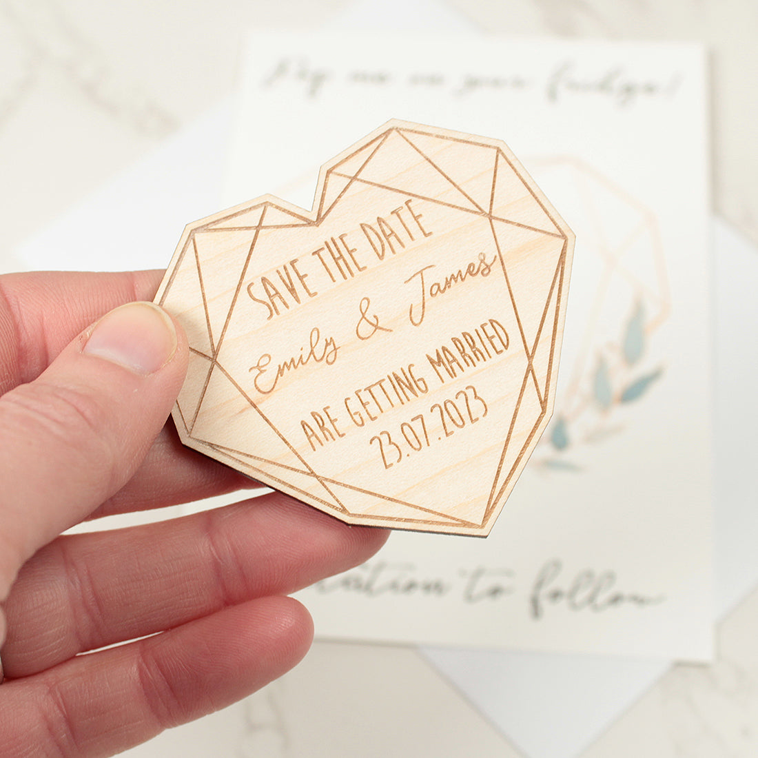 Geometric Heart Engraved Wooden Wedding Save The Date Magnet-Weddings by Lumi