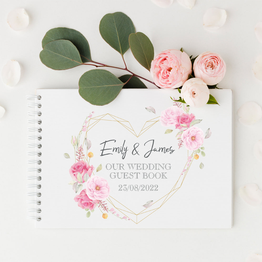 Geometric Heart Watercolour Flowers Wedding Guest Book-Weddings by Lumi