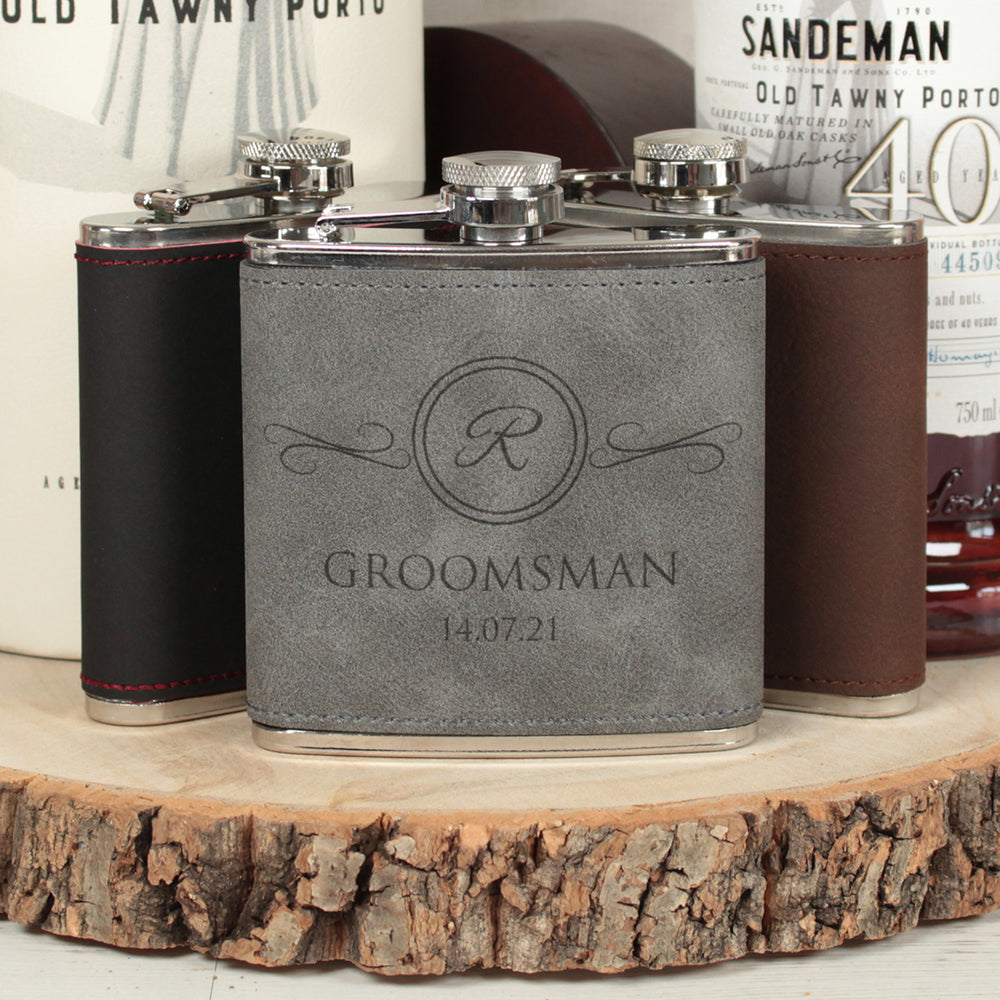 Initial Ornate Frame Groomsmen Hip Flask-Weddings by Lumi
