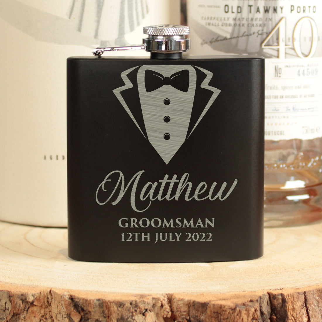 Matt Black Wedding Tuxedo Groomsman Hip Flask Gift-Weddings by Lumi