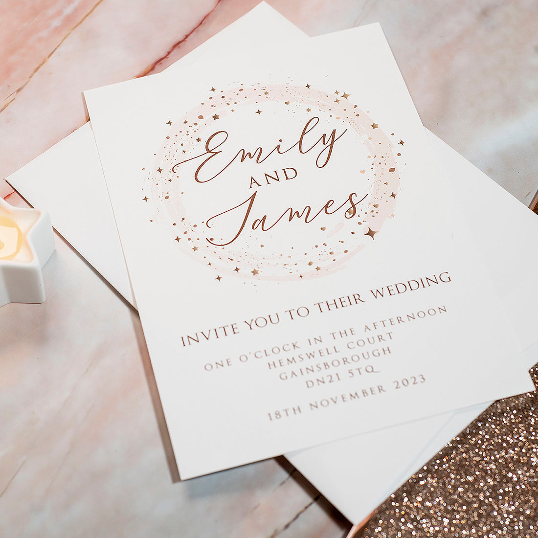 Postcard Inviting Sparkly Circle A5 Postcard Invitation – Weddings by Lumi