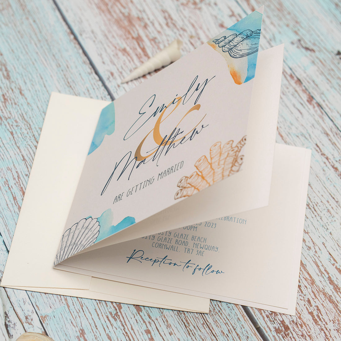 Watercolour Beach Single Fold Invitation-Weddings by Lumi