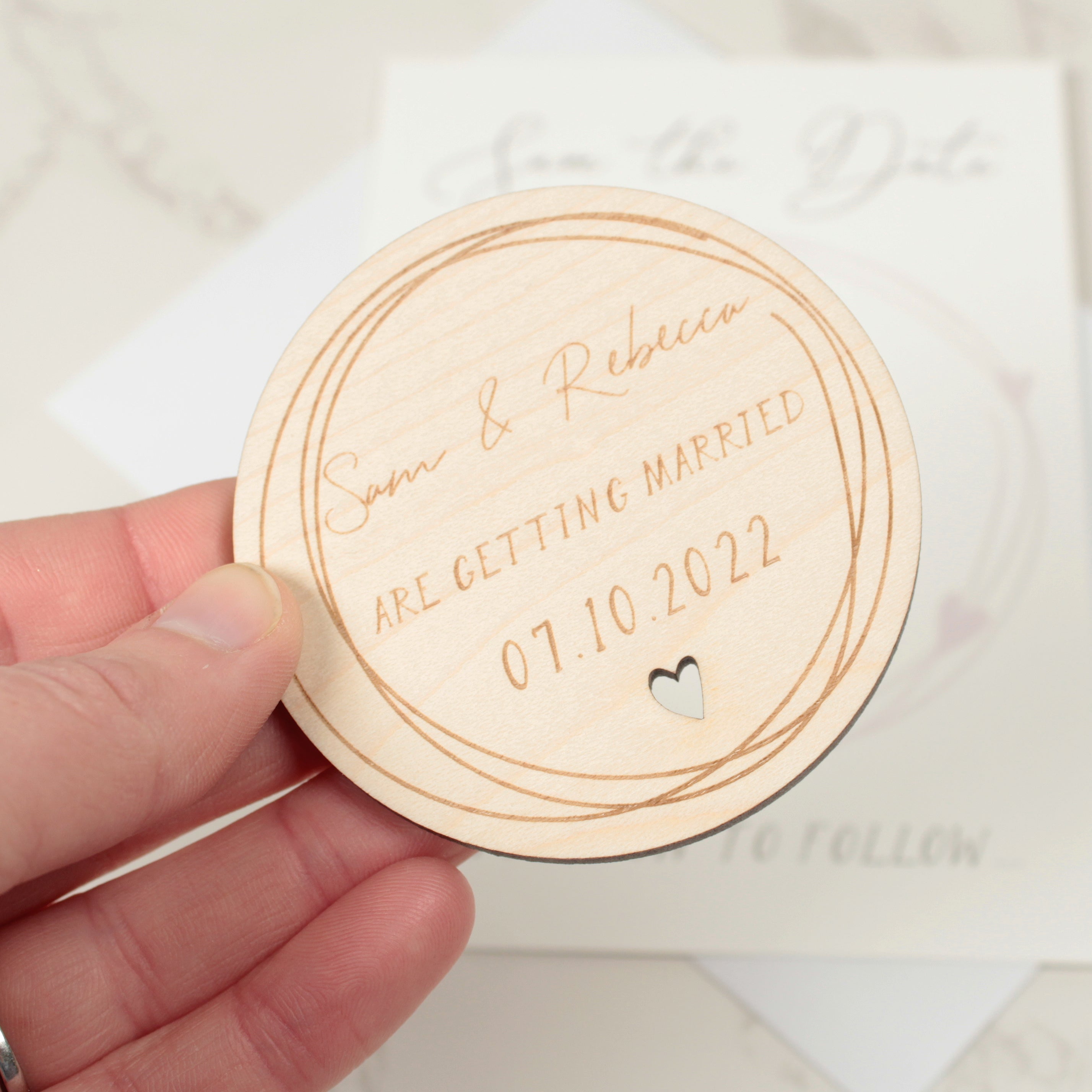 Swirly Circle Engraved Wooden Wedding Save The Date Magnet-Weddings by Lumi