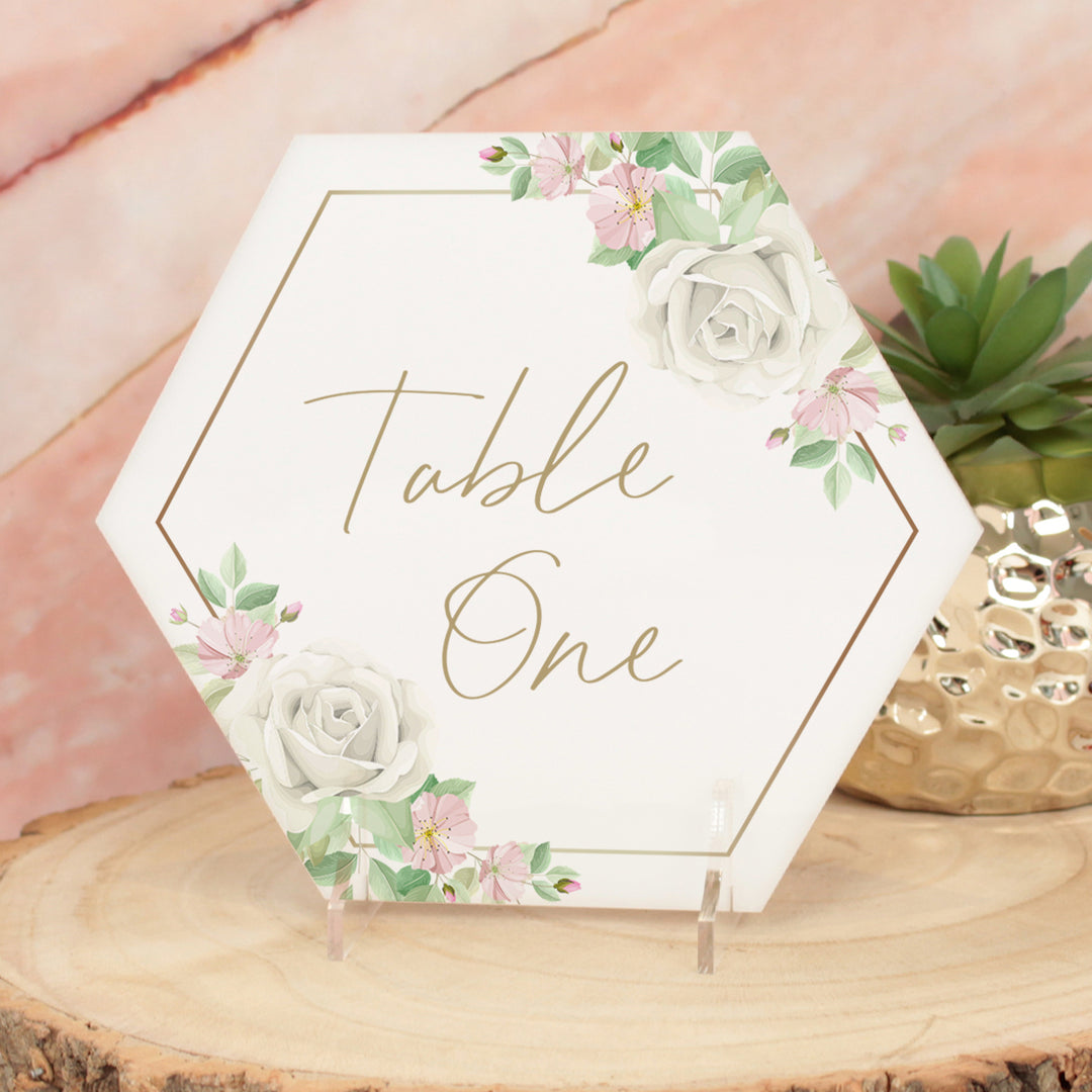 Pink and Gold Flowers Acrylic Wedding Table Number Name Sign-Weddings by Lumi