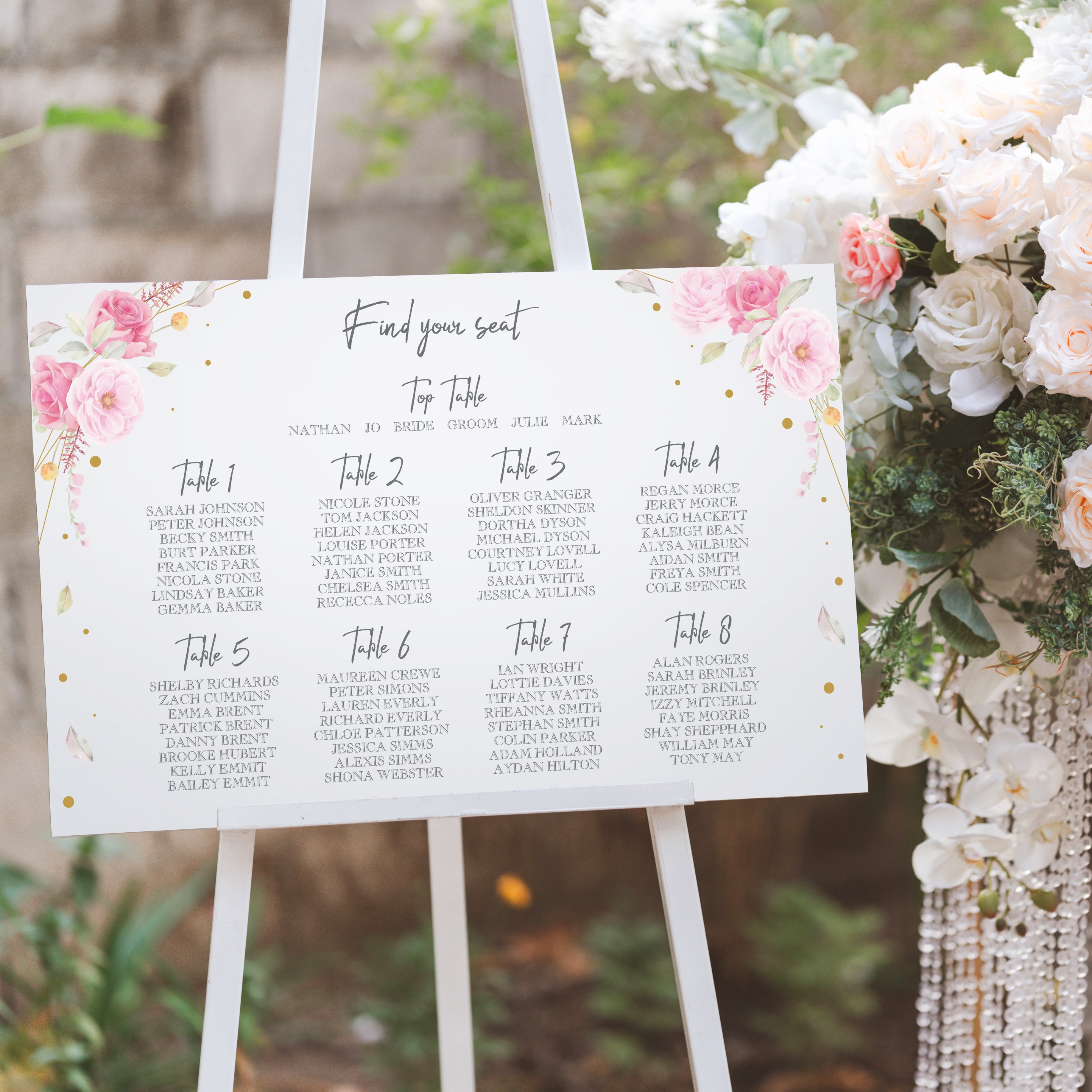 Watercolour Pink and Gold Floral Wedding Table Seating Plan-Weddings by Lumi