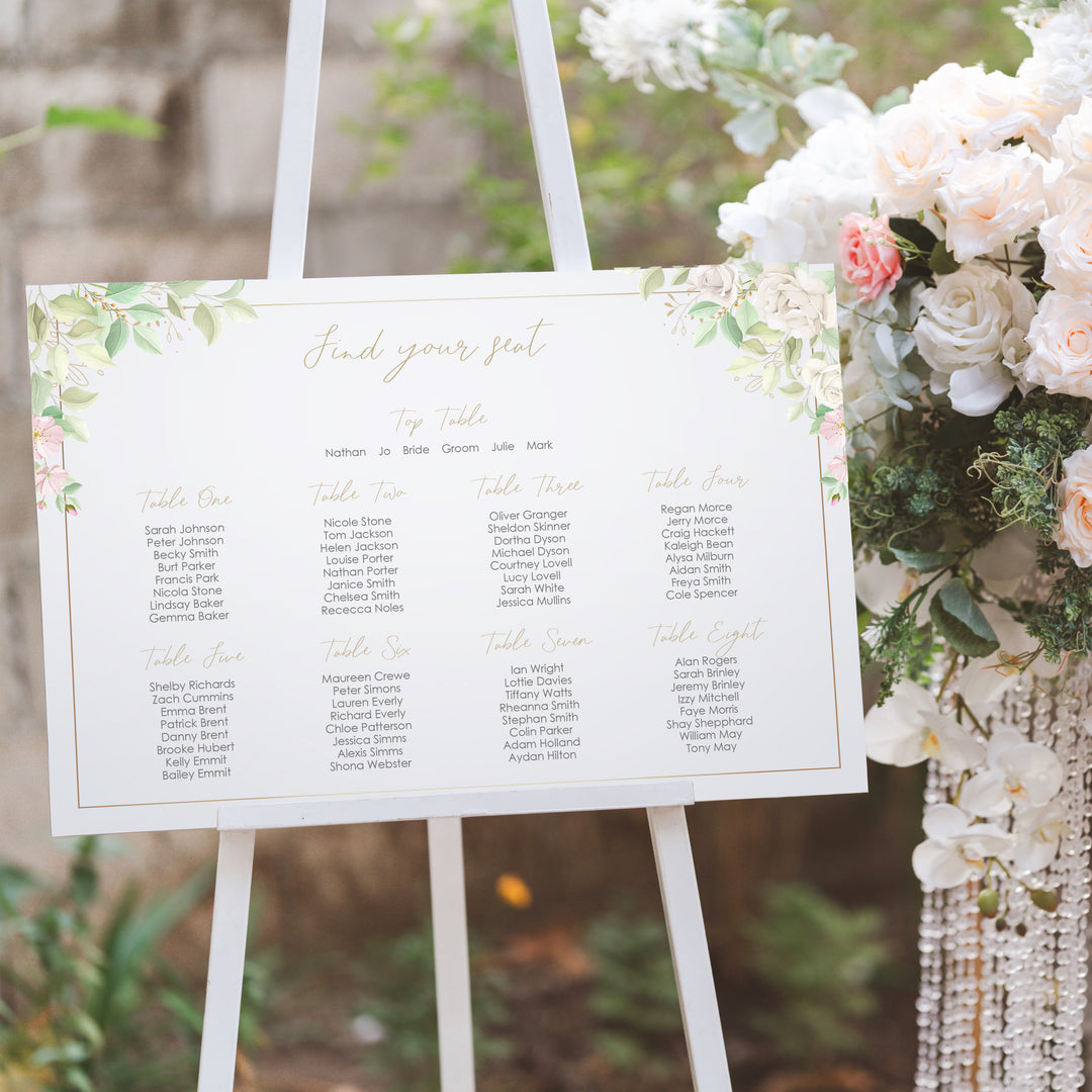 Pink and Gold Flowers Wedding Table Seating Plan-Weddings by Lumi