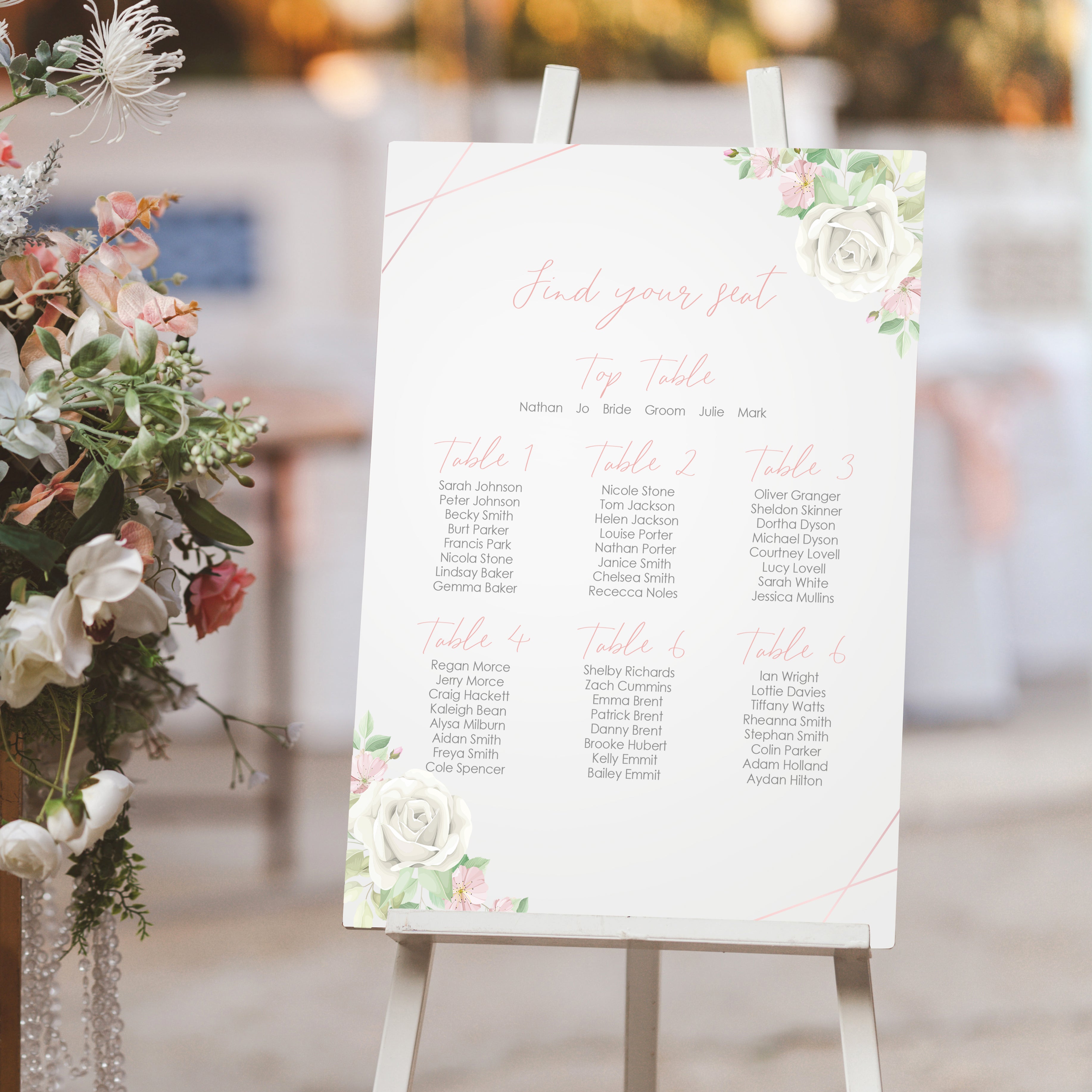 Watercolour Rose Gold Floral Wedding Table Seating Plan-Weddings by Lumi