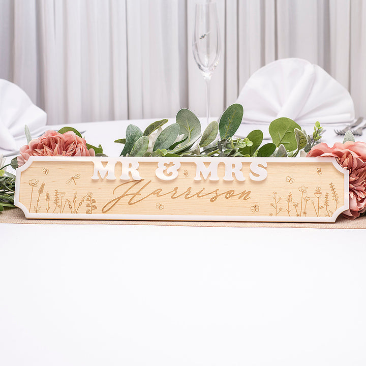 3D Wildflower Meadow Mr &amp; Mrs Wedding Wood and Acrylic Top Table Sign-Weddings by Lumi