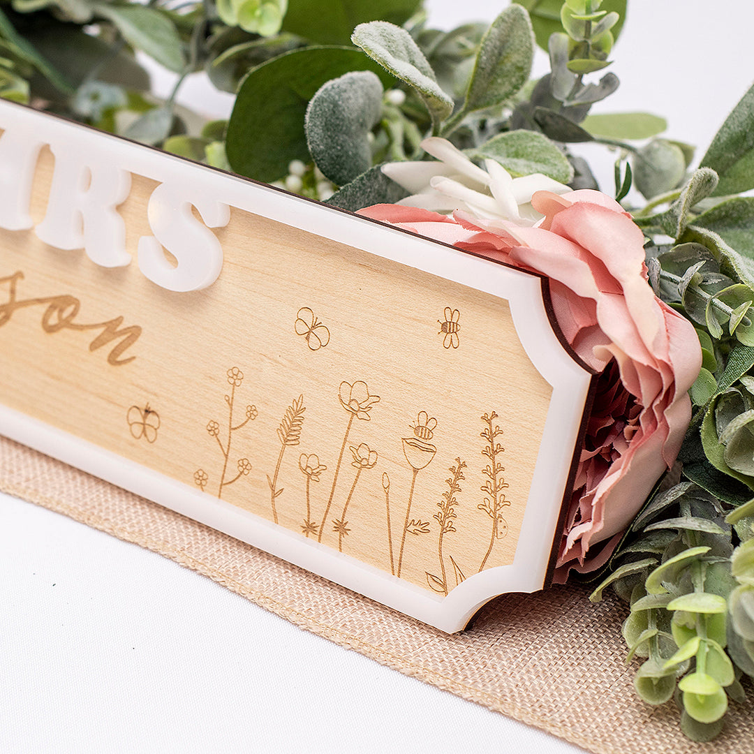 3D Wildflower Meadow Mr &amp; Mrs Wedding Wood and Acrylic Top Table Sign-Weddings by Lumi