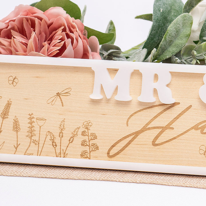 3D Wildflower Meadow Mr &amp; Mrs Wedding Wood and Acrylic Top Table Sign-Weddings by Lumi