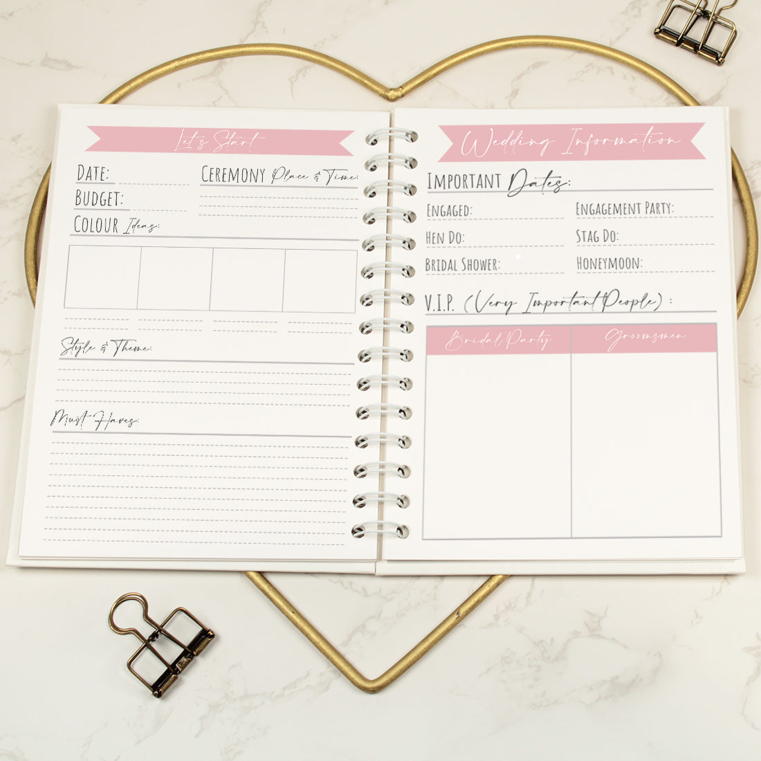 Pink and Gold Marble Wedding Planner Hardback Notebook-Weddings by Lumi