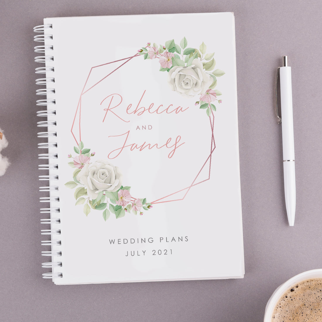 Rose Gold Floral Frame Wedding Planner Hardback Notebook-Weddings by Lumi