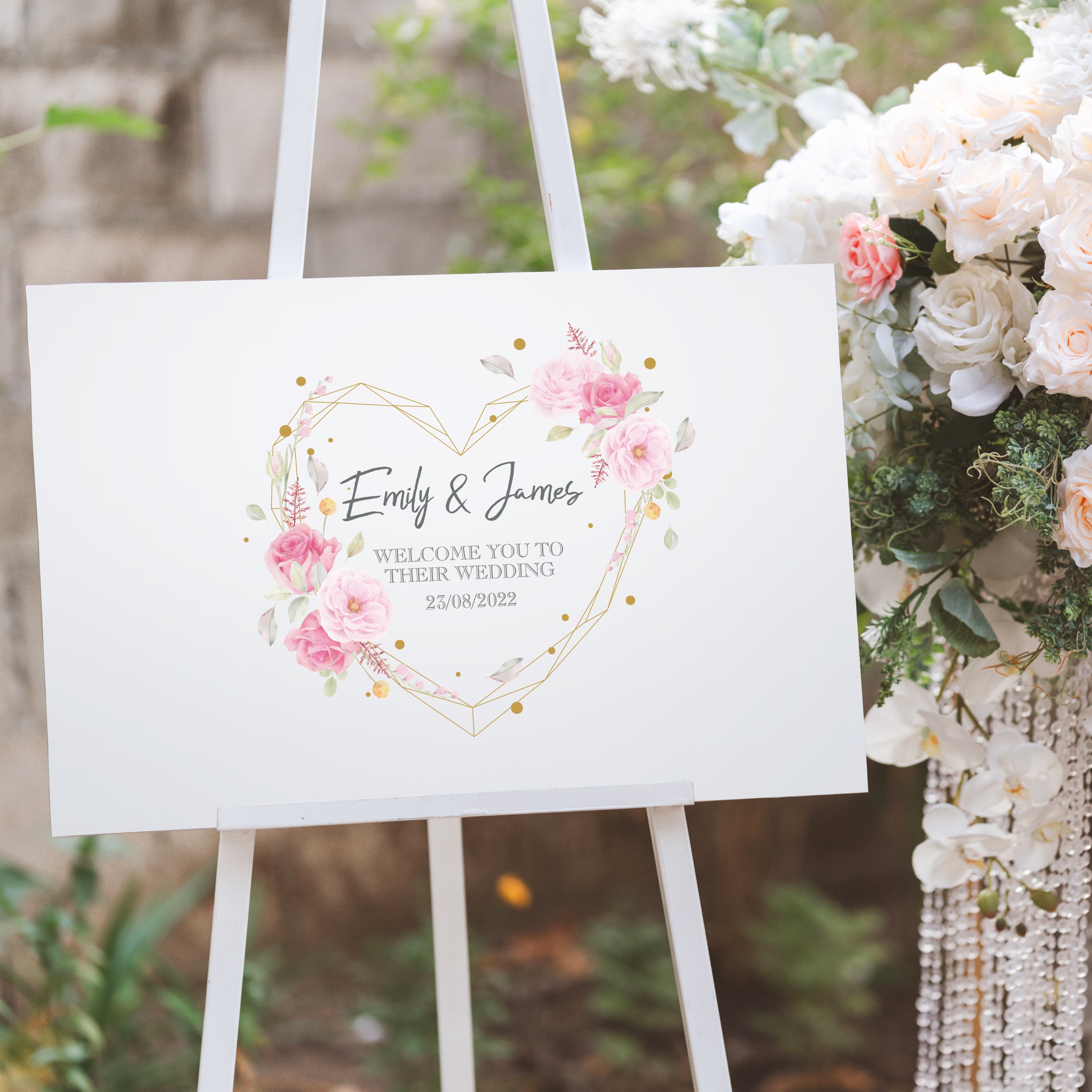 Watercolour Pink and Gold Floral Heart Welcome to Our Wedding Sign-Weddings by Lumi